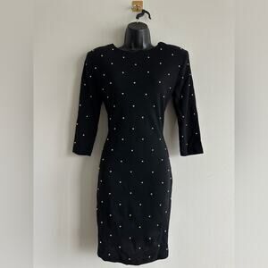 Vintage 80s Black Gold Studded Knit Bodycon Dress Scoop Back Structured Size 9